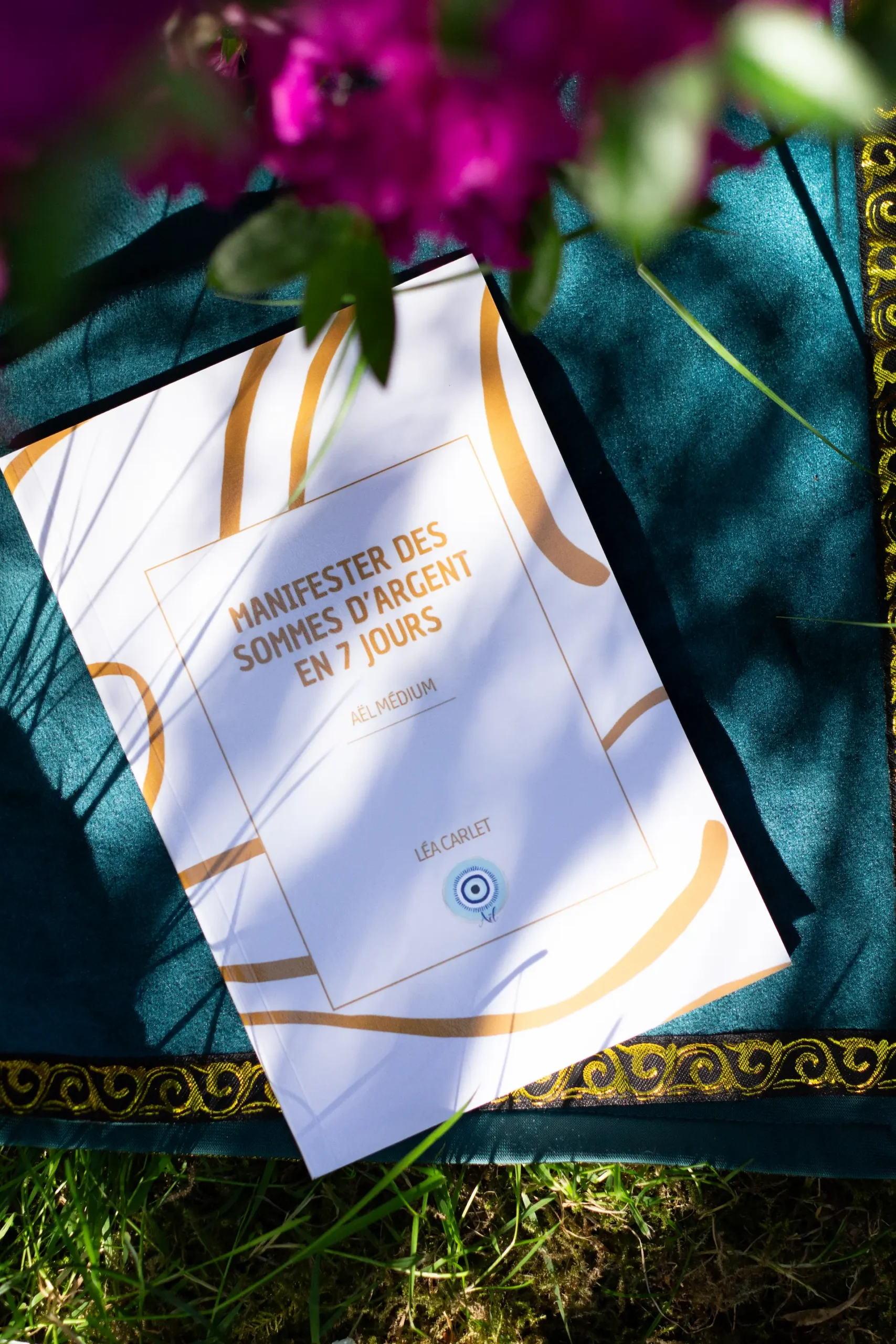 Couverture du livre "Manifester des sommes d’argent en 7 jours" de Léa Carlet, médium canal Aël, sur fond bleu vibrant
