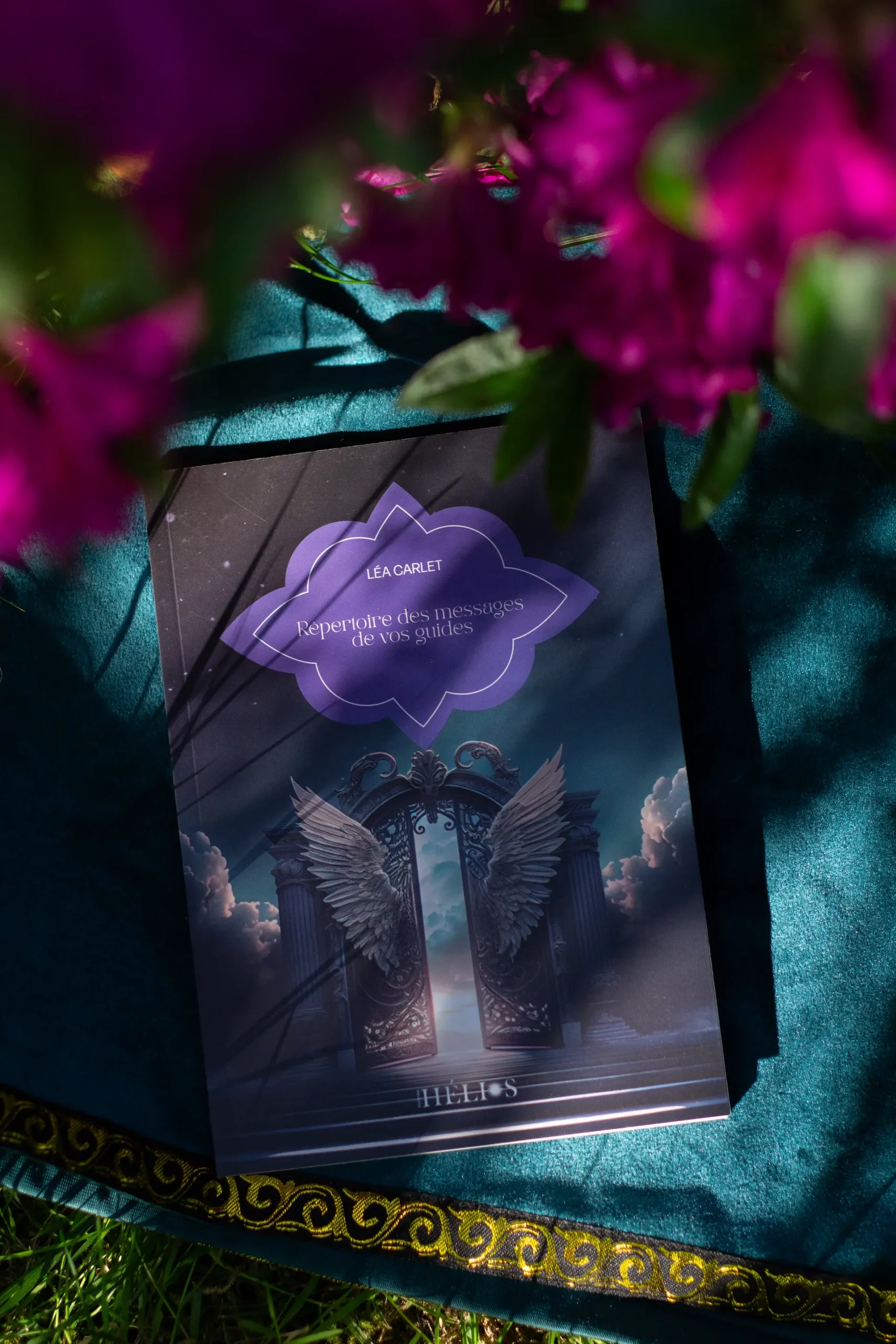 Couverture du livre "Répertoire des messages de vos guides" de Léa Carlet, avec une porte céleste entourée d’ailes sur fond étoilé